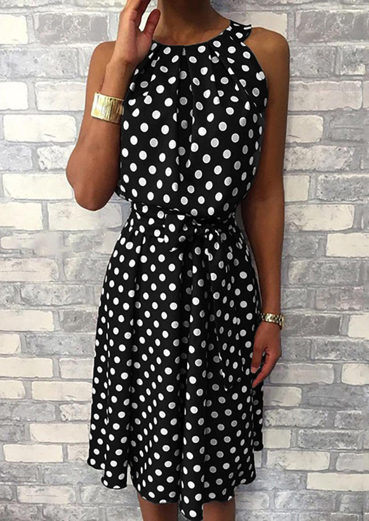

Polka Dot Sleeveless Mini Dress, Black, 505220