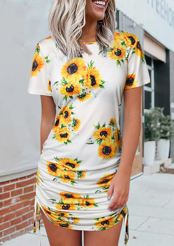

Sunflower Drawstring Ruched O-Neck Bodycon Dress - White, 500352