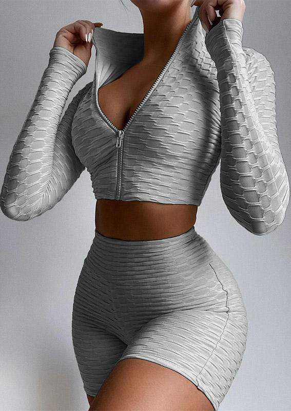 

Waffle Zipper Long Sleeve Crop Top And Shorts Activewear Set, Gray, 503599