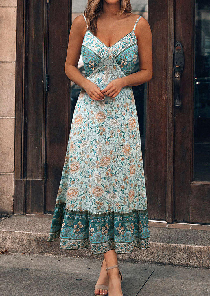 

Floral Ruffled Open Back Spaghetti Strap Maxi Dress - Light Green, 504351