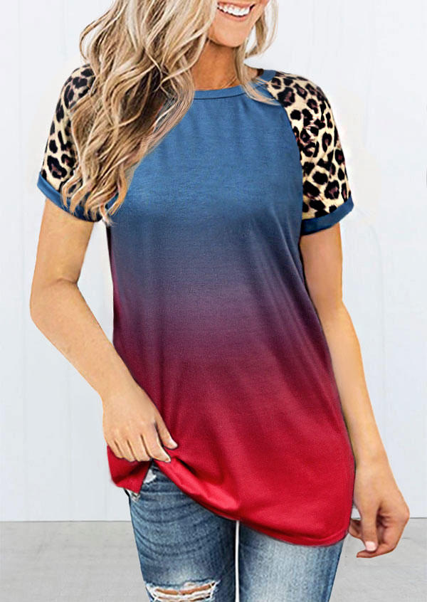 

Leopard Splicing Gradient O-Neck Blouse, Multicolor, 504642