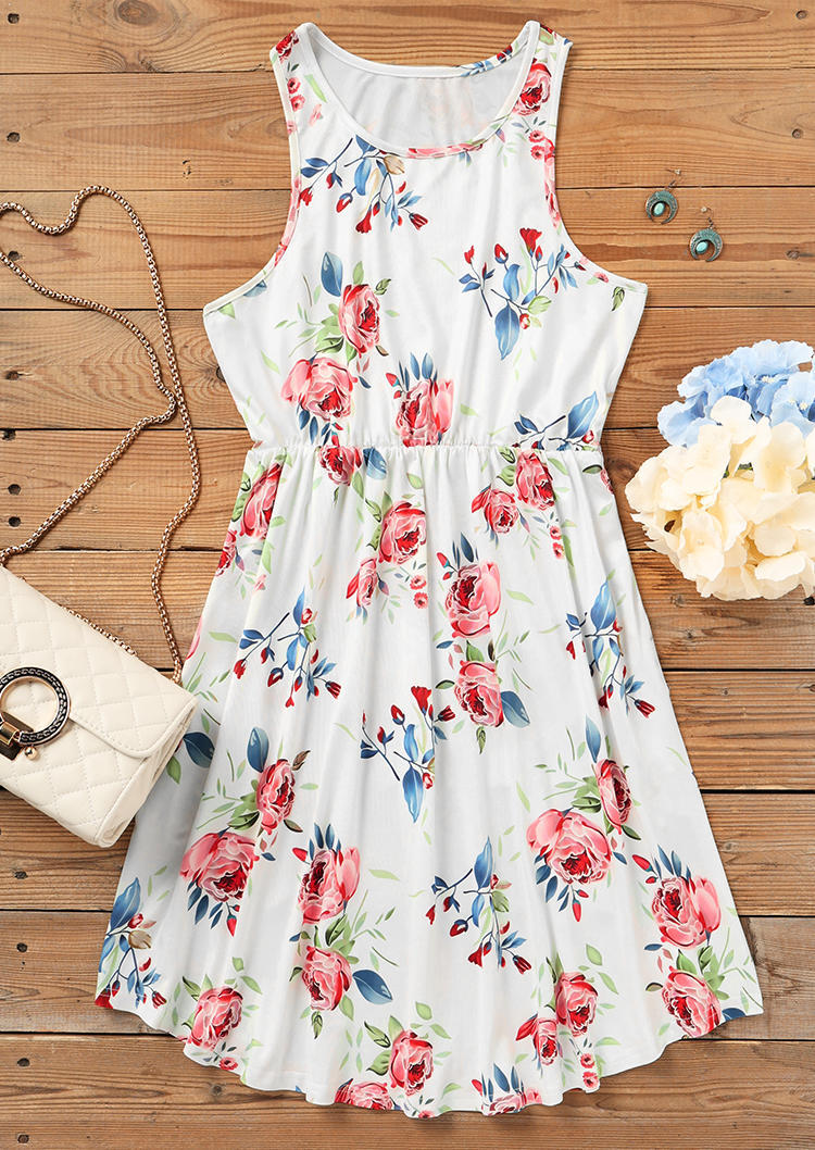 Floral Pocket Elastic Waist Mini Dress - White