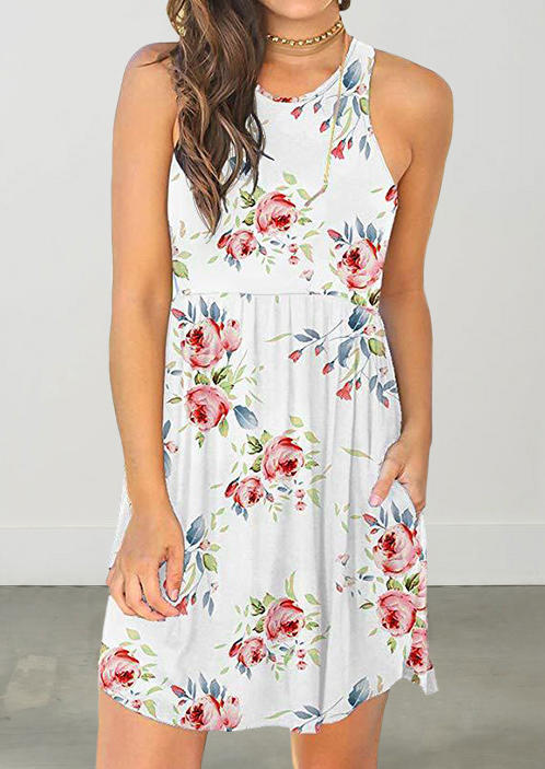 

Floral Pocket Elastic Waist Mini Dress - White, 504922
