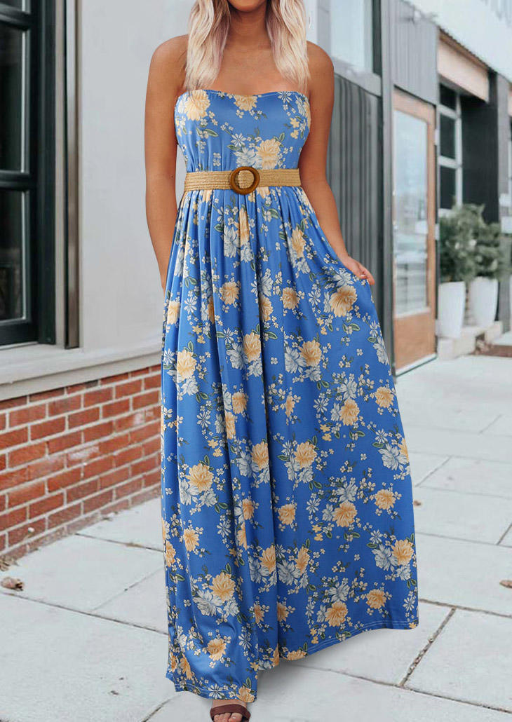 

Floral Elastic Waist Strapless Maxi Dress with Belt - Blue, 505024