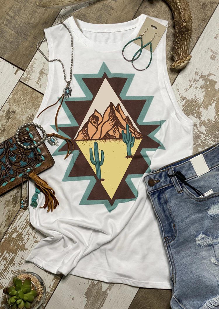 

Western Cactus Aztec Geometric Casual Tank - White, 505031