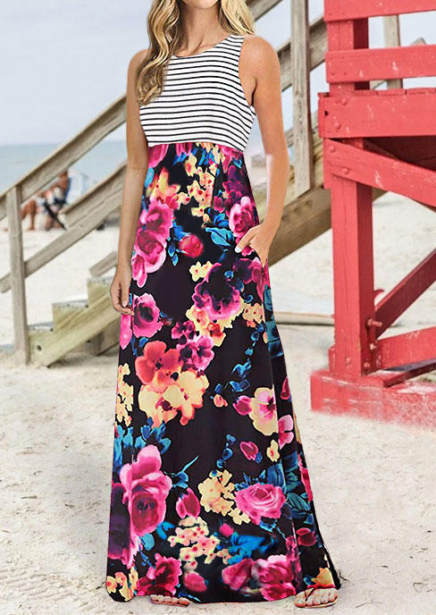 

Striped Floral Splicing Pocket Sleeveless Maxi Dress, Multicolor, 505199