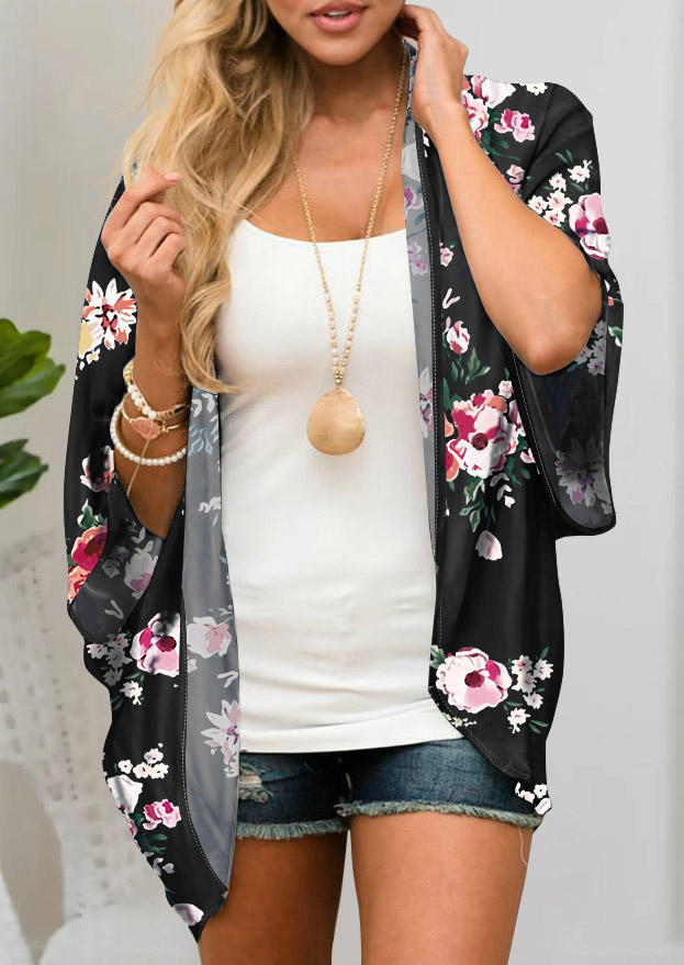 

Floral Three Quarter Sleeve Cardigan - Black, 505228