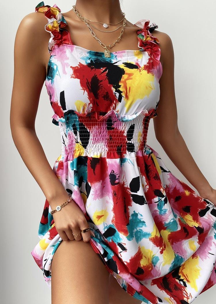 

Print Smocked Sleeveless Ruffled Mini Dress, Multicolor, 505240