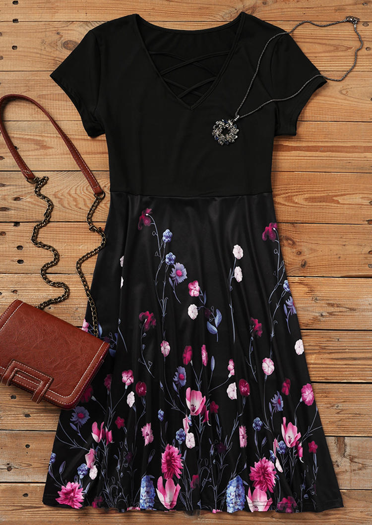 Colorful Floral Criss-Cross V-Neck Mini Dress - Black