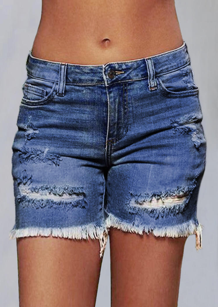 

Ripped Hole Frayed Hem Stretchy Denim Shorts - Blue, 505247