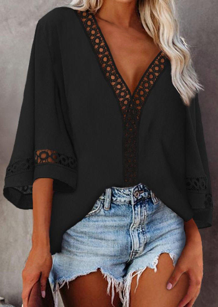 

Hollow Out Lace Splicing V-Neck Blouse - Black, 505253