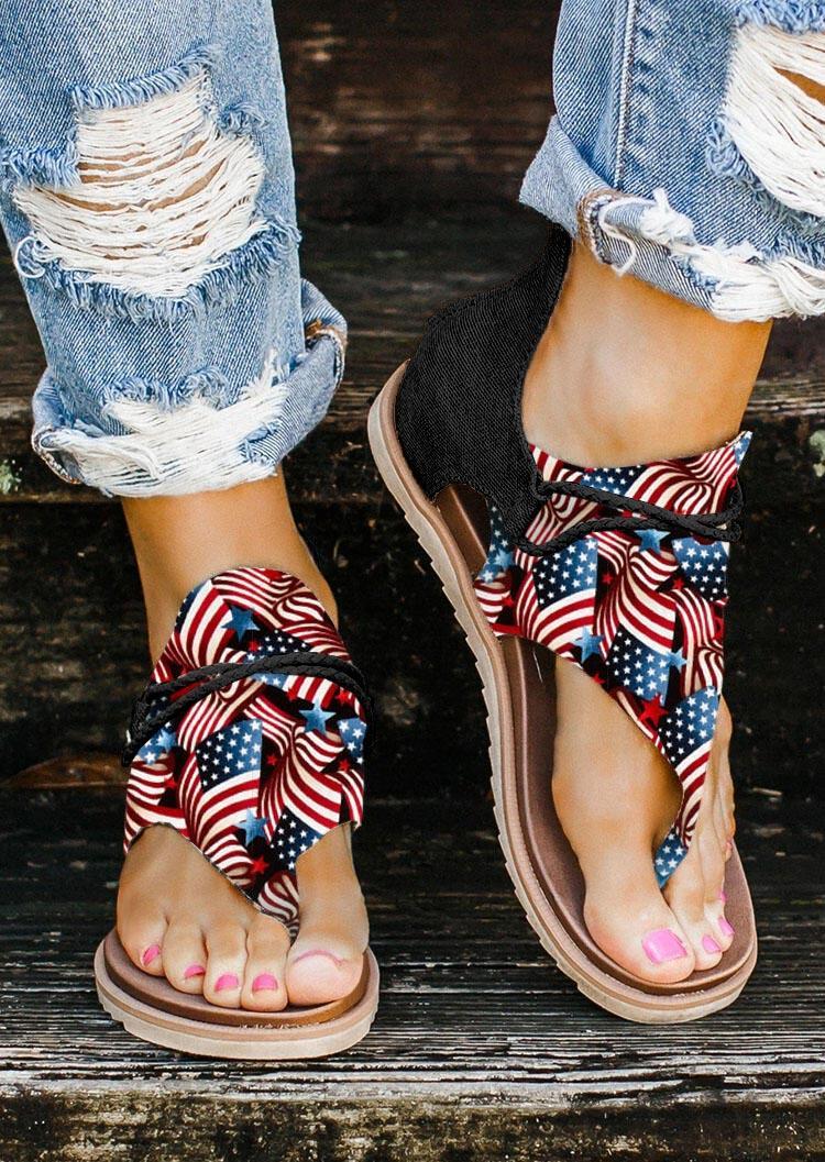 

American Flag Star Striped Zipper Thong Flat Sandals, Multicolor, 505255