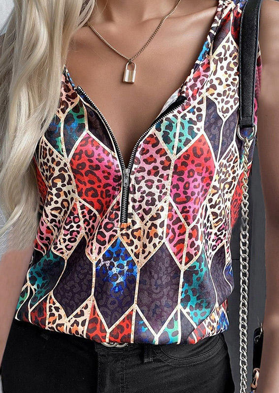 

Colorful Geometric Leopard Zipper Collar Tank, Multicolor, 505271