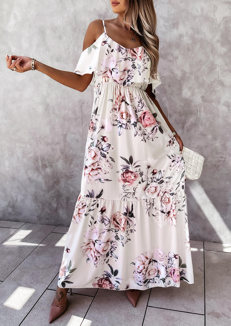 

Floral Ruffled Layered Cold Shoulder Big Hem Maxi Dress, Multicolor, 505308