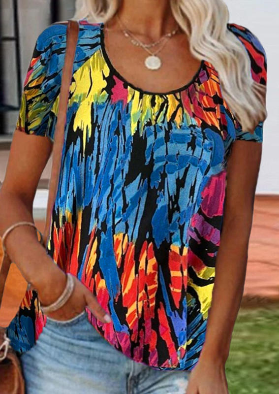 

Colorful Abstract Painting Short Sleeve O-Neck Blouse, Multicolor, 505313