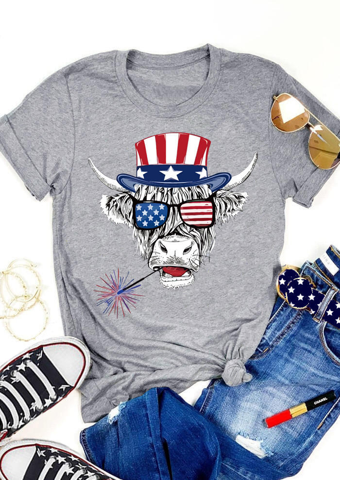 

American Flag Star Striped Steer Skull T-Shirt Tee - Gray, 505028