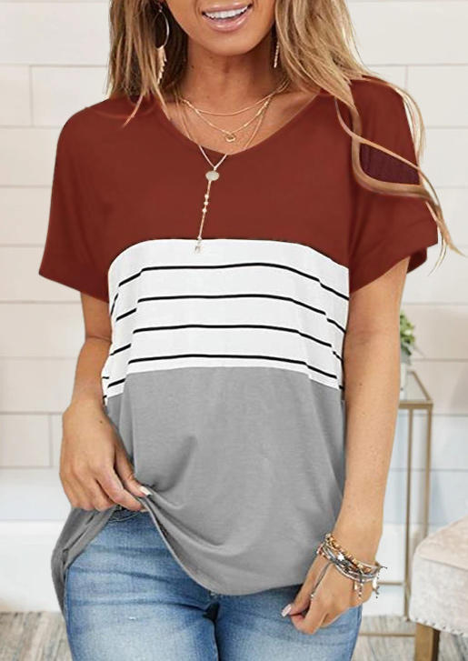 Color Block Splicing Striped T-Shirt Tee - Black