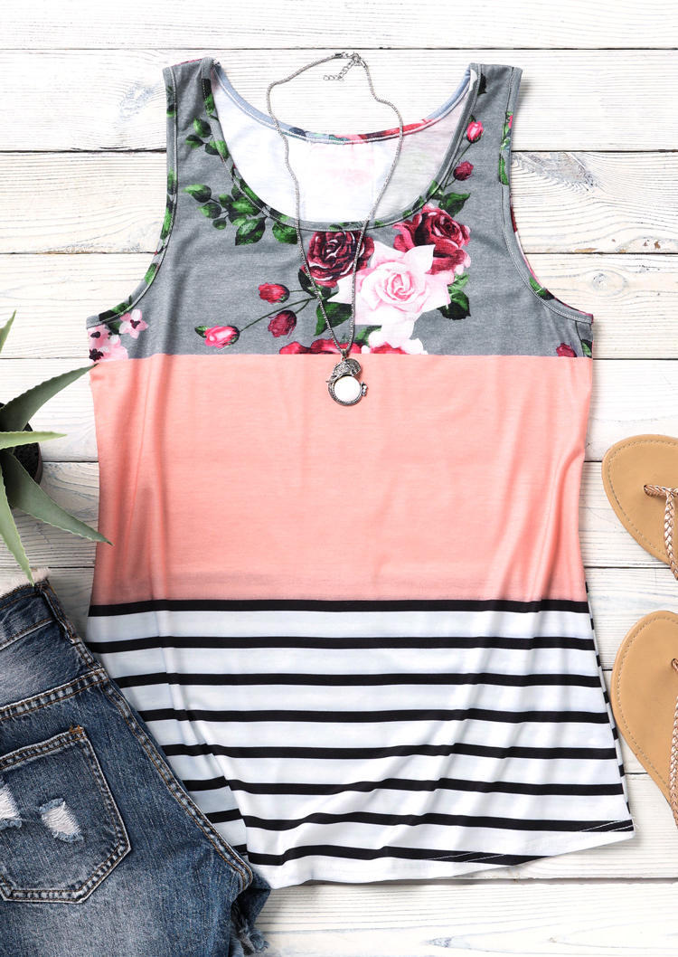 

Floral Striped Color Block Lace Splicing Tank, Multicolor, 505219