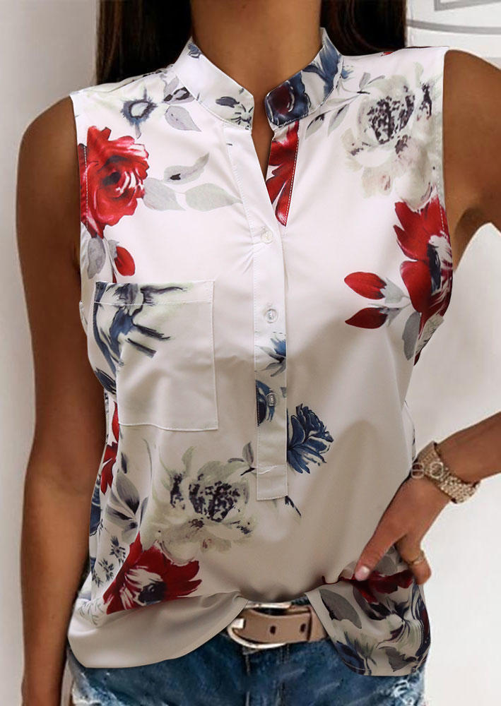 

Floral Button Pocket Sleeveless Tank - White, 505262