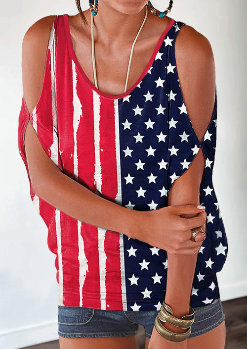 

American Flag Star Striped Tie Cold Shoulder Blouse, Multicolor, 505283