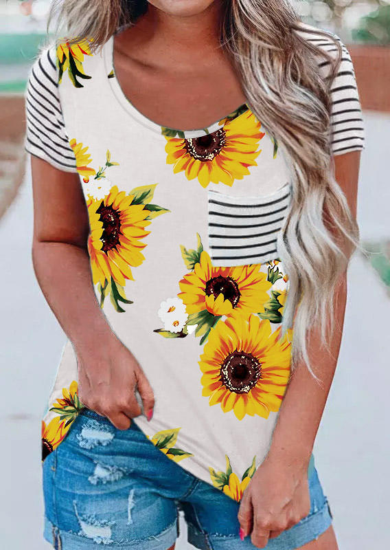 

Sunflower Striped Pocket O-Neck T-Shirt Tee, Multicolor, 505288