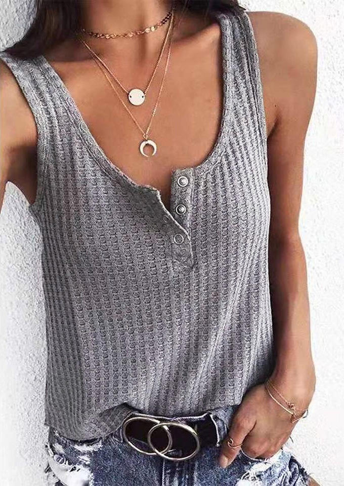

Waffle Snap Button Casual Tank - Gray, 505289
