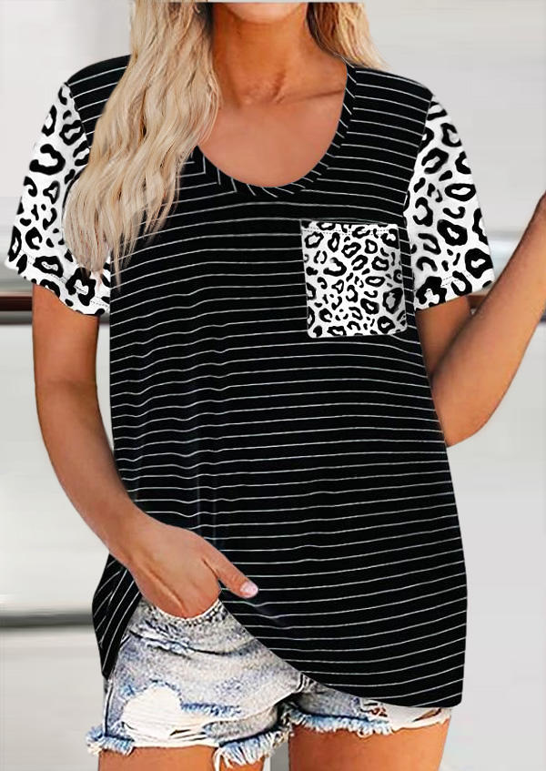 

Striped Leopard Pocket Casual Blouse, Stripe, 505304