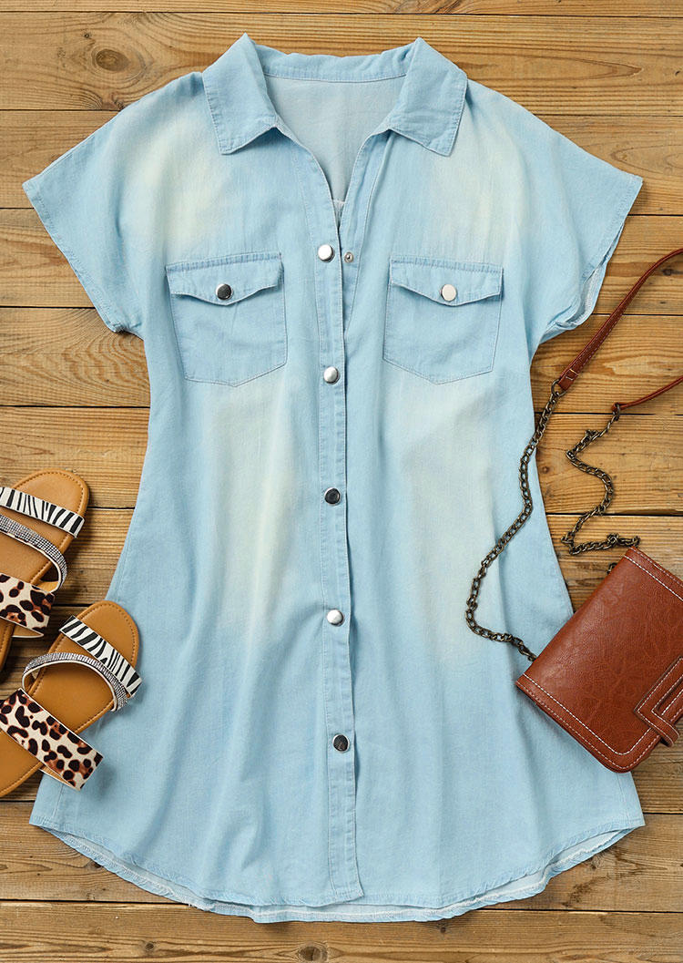 Pocket Button Turn-Down Collar Denim Mini Dress - Light Blue