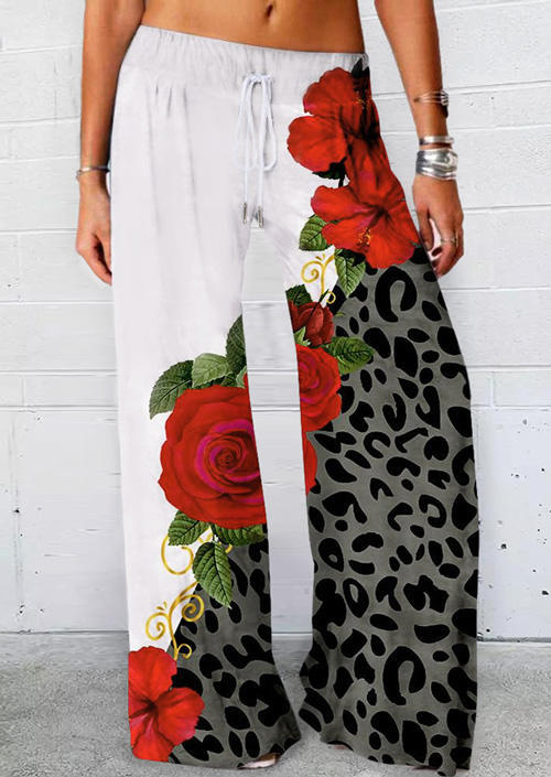 

Leopard Rose Elastic Waist Drawstring Wide Leg Pants, Multicolor, 505311
