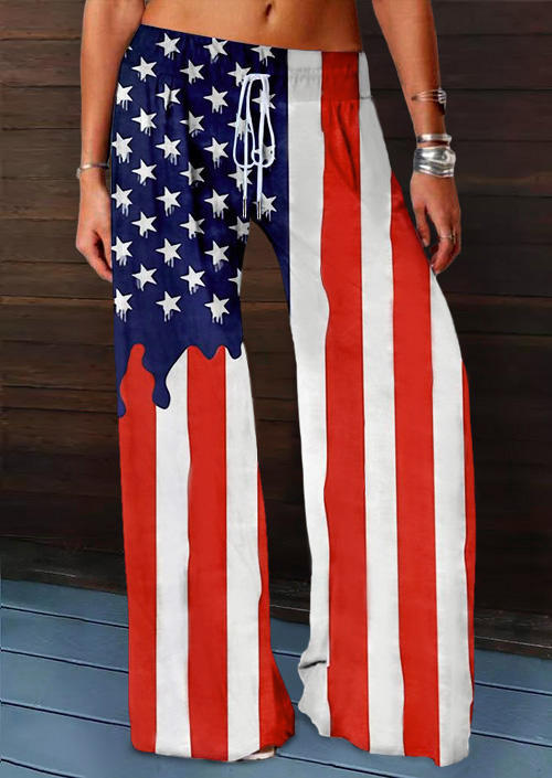 

American Flag Star Striped Elastic Waist Drawstring Wide Leg Pants, Multicolor, 505315