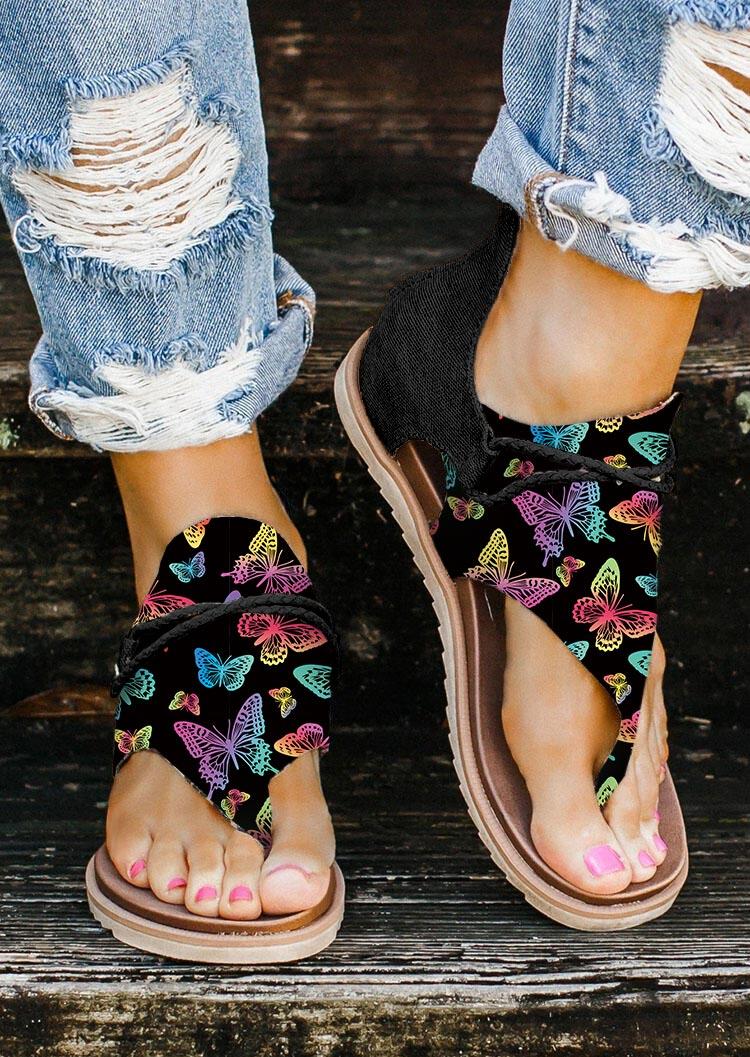

Colorful Butterfly Hollow Out Thong Flat Sandals, Multicolor, 505334
