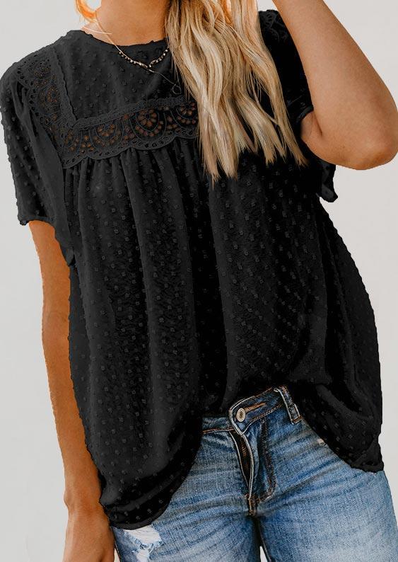 

Dotted Swiss Hollow Out Lace Splicing Blouse - Black, 505337