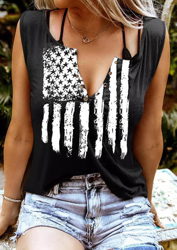 

American Flag Star Striped V-Neck Tank - Black, 505345