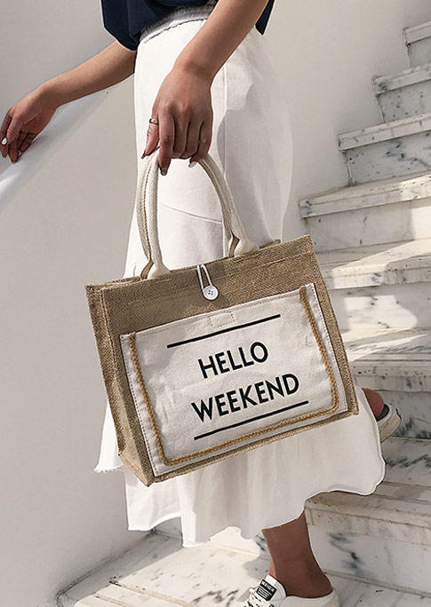

Hello Weekend String Button Tote Handbag, Black;white, 505399