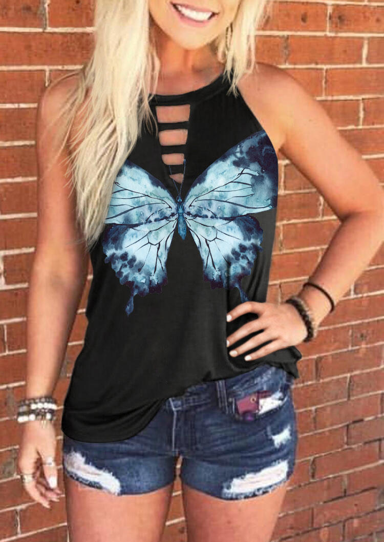 

Butterfly Keyhole Neck Sleeveless Tank - Black, 505446