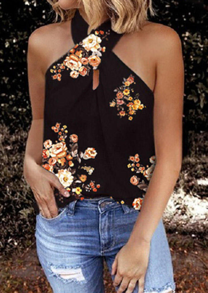 

Floral Criss-Cross Hollow Out Halter Tank - Black, 504432