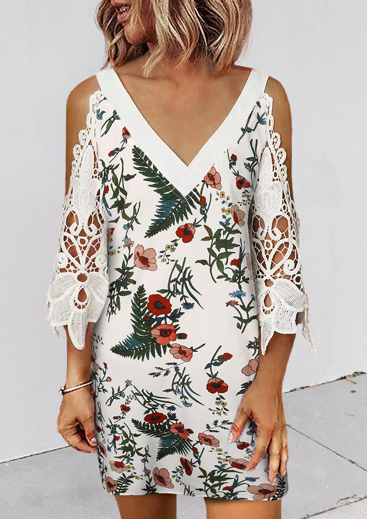 

Floral Leaf Lace Splicing Cold Shoulder Mini Dress - White, 505211