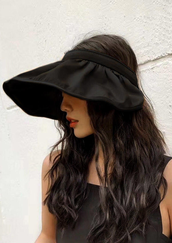 

Hollow Out Ruffled Wide Brim Sun Visor Rolled Up Hat, Black, 505389