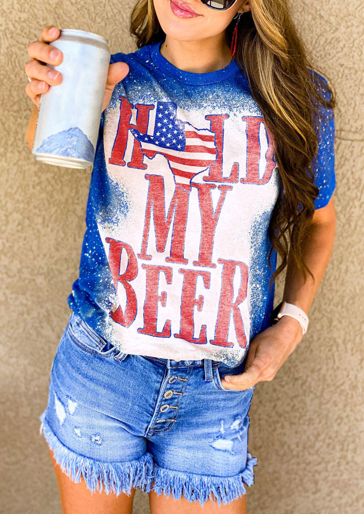 

Hold My Beer Texas American Flag Bleached T-Shirt Tee - Blue, 505403