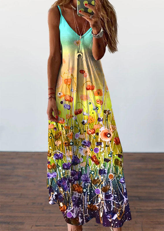 

Floral Oil Painting Gradient Adjustable Strap Maxi Dress, Multicolor, 505404