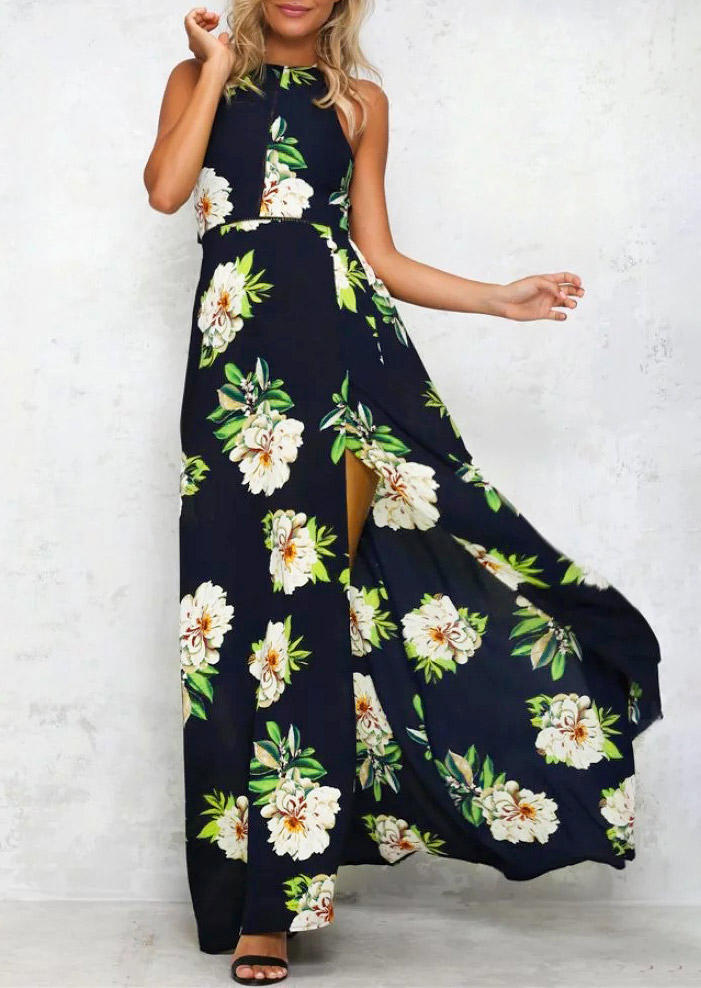 

Floral Halter Slit Open Back Tie Maxi Dress - Navy Blue, 505417