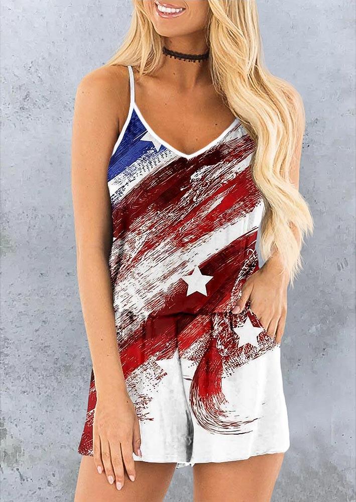 

American Flag Star Pocket Spaghetti Strap Romper, Multicolor, 505445
