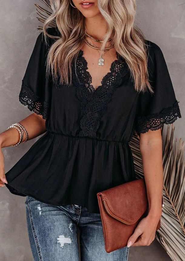 Lace Splicing Tie V-Neck Blouse - Black, 505472