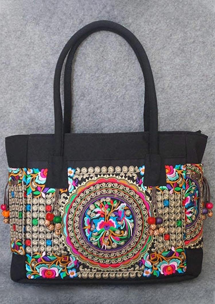 

Vintage Embroidered Floral Zipper Beading Handbag, Black, 499313