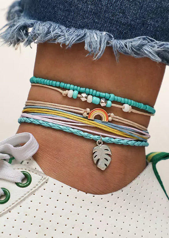 

5Pcs Rainbow Palm Leaf Beading Braided Anklet Set, Multicolor, 499322