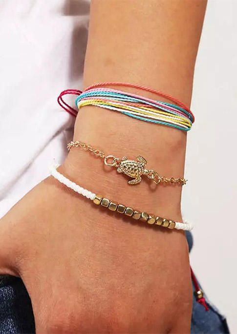 

3Pcs Adjustable Turtle Beading Braided Bracelet Anklet Set - Gold, 499348