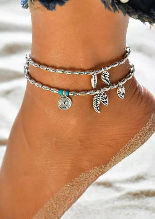 

Vintage Palm Leaf Beading Dual-Layered Anklet - Silver, 499539