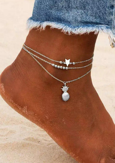 

2Pcs Pineapple Rhinestone Star Beading Anklet Set - Silver, 499848