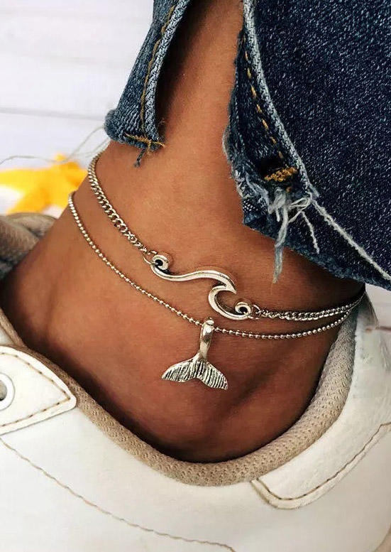 

2Pcs Beach Wave Fish Tail Alloy Anklet, Silver, 500165