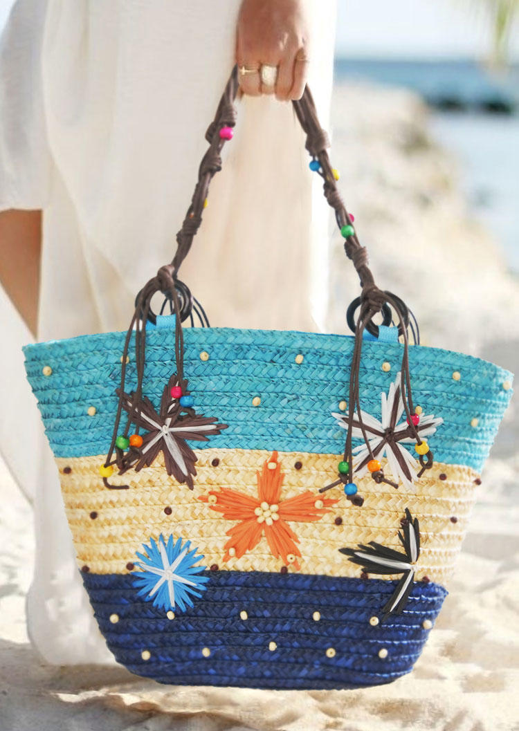 

Beach Starfish Beading Straw Tote Handbag - Blue, 500168